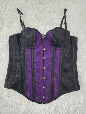 Bedroom Stories whimsygoth purple black lace overbust corset. Size medium.